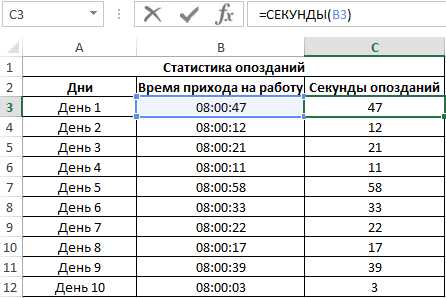 Преобразование дробной части времени в секунды в Excel с помощью функций